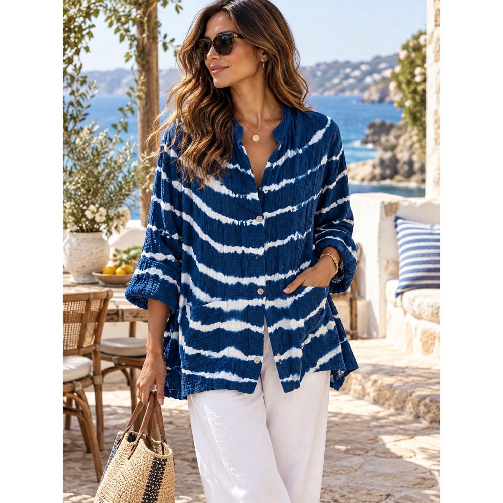 Kozan Blue White Tie-Dye Cotton Gauze Button Down Shirt Jacket M